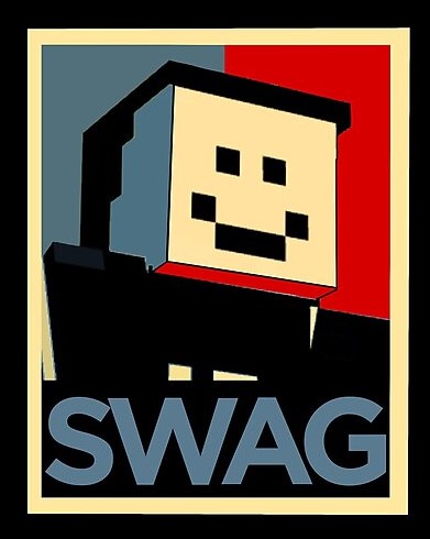 This is a drawing of a poster for SWAG 20 20 starring Quackity's minecraft character in the center. Beneath his face reads SWAG in all capital letters. The left side of his face is colored blue, and the underside of his chin is colored red. The background is split down the middle with the left being colored the same blue and the right colored the same red. The poster is outlined in a cream border and then a thick black border outside of that one.